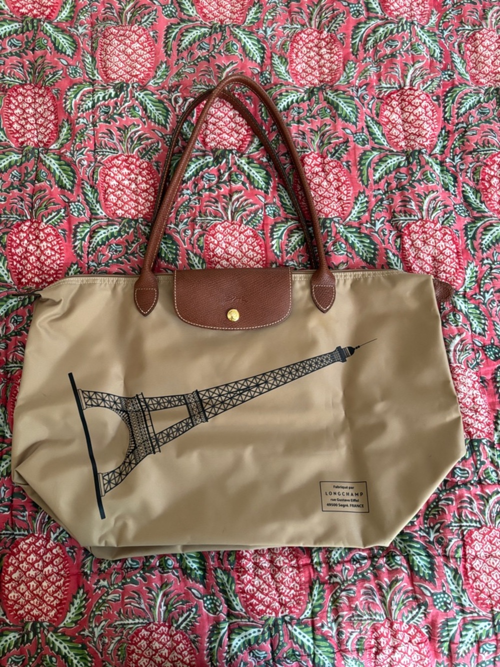 Longchamp Beige Tote with Black Eiffel Tower and Brown Trim